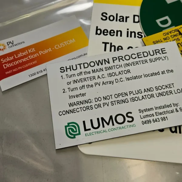 CUSTOM Disconnection Point – Solar Label Kit- Engraved Logo Lumos Electrical Contracting
