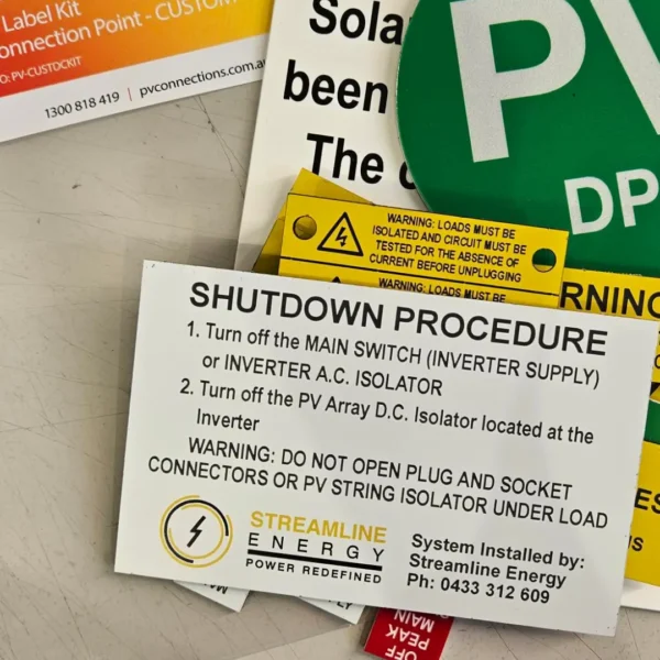 CUSTOM Disconnection Point – Solar Label Kit- Engraved Logo Streamline Energy Power Redefined