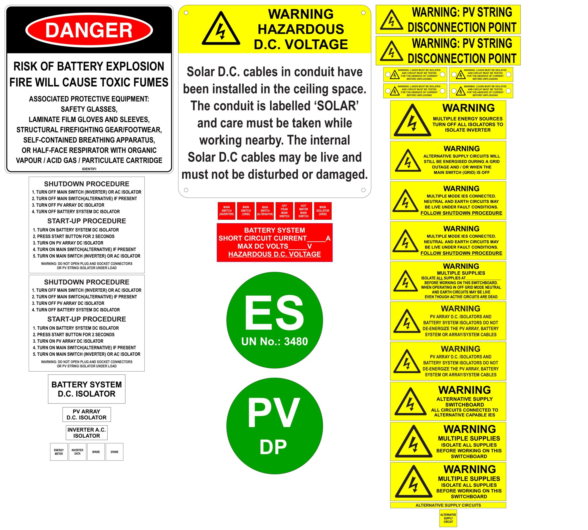 Battery Storage System - Label Kit - PV Connections